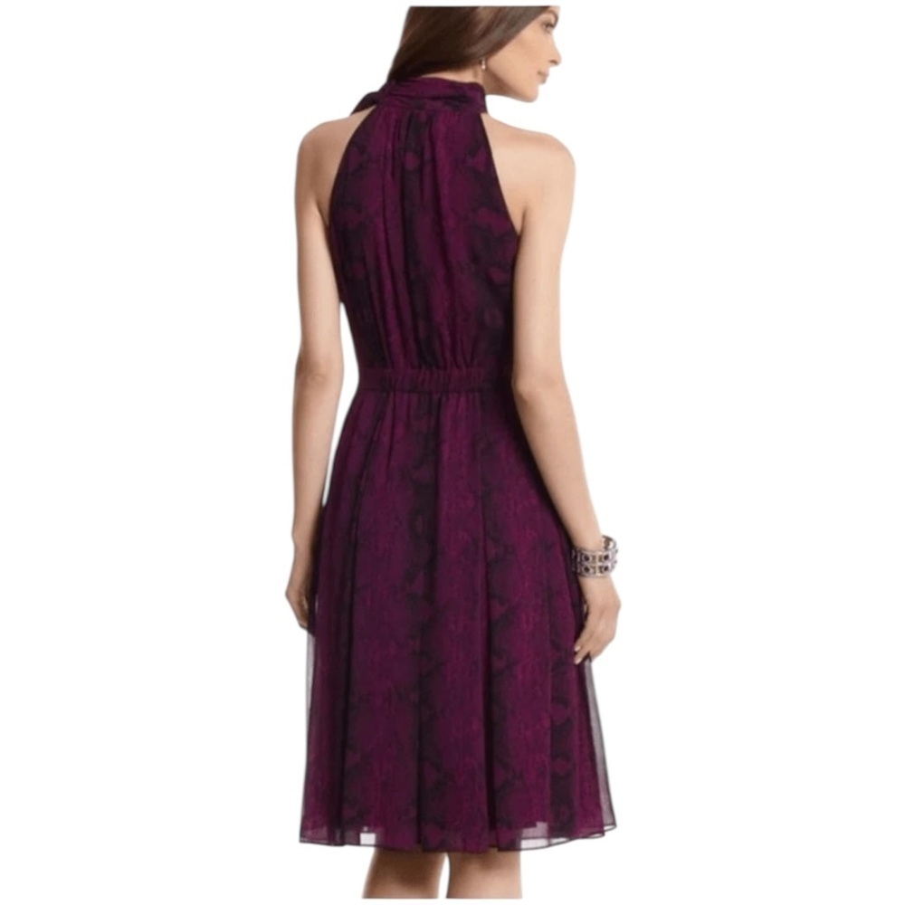 WHBM Fit & Flare Amethyst snake print Sleeveless halter Tie neck chiffon Dress - Picture 4 of 11